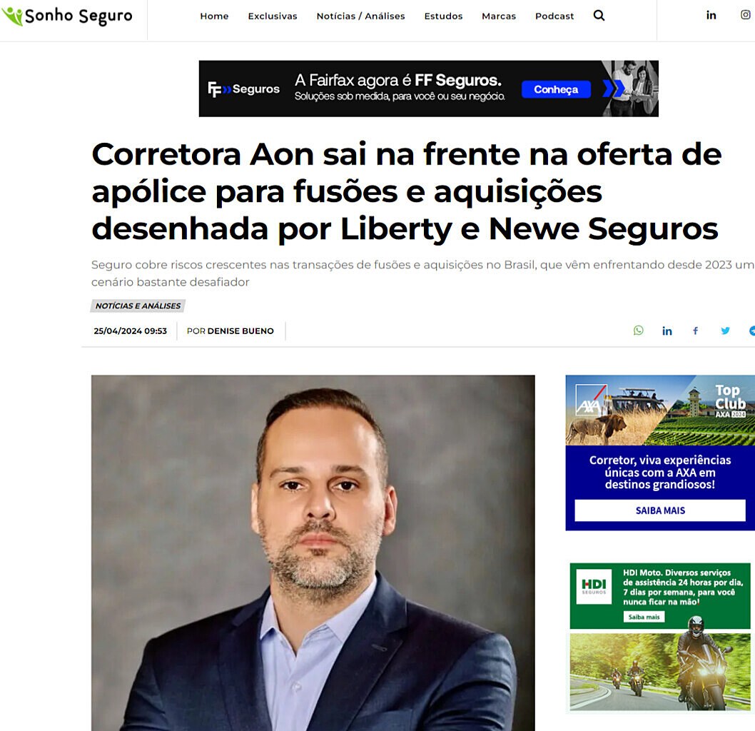 Corretora Aon sai na frente na oferta de aplice para fuses e aquisies desenhada por Liberty e Newe Seguros